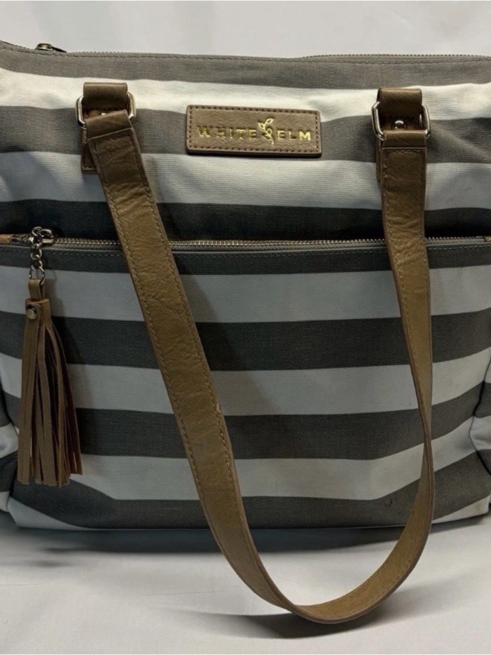 White Elm Striped Tote in Gray and Ivory with Almond Trim